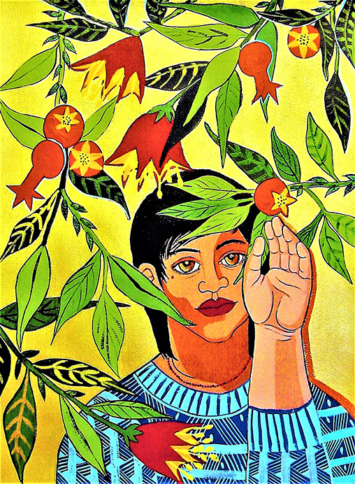 42-It-Brushed-all-over-me-pomegranate-tree-Portrait-of-poet-Teresa-Palomo-Acosta-2003-©Mirta-Toledo-Pure-Diversity-Series-Flowers-Women-Birds